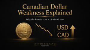 Canadian dollar weakness explained with USD CAD exchange rate chart and loonie at a 14-month low