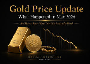 Gold price update for May 2026 showing gold bar, gold coin, jewelry and a downward price chart