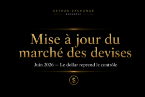Mise à jour du marché des devises juin 2026 montrant le dollar américain qui reprend le contrôle dans un design noir et doré Keyhan Exchange