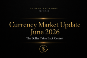 Currency market update for June 2026 showing the US dollar taking back control in a black and gold Keyhan Exchange design