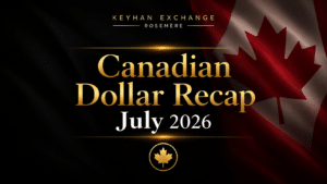 Canadian dollar recap for July 2026 with a faded Canadian flag in a black and gold Keyhan Exchange design