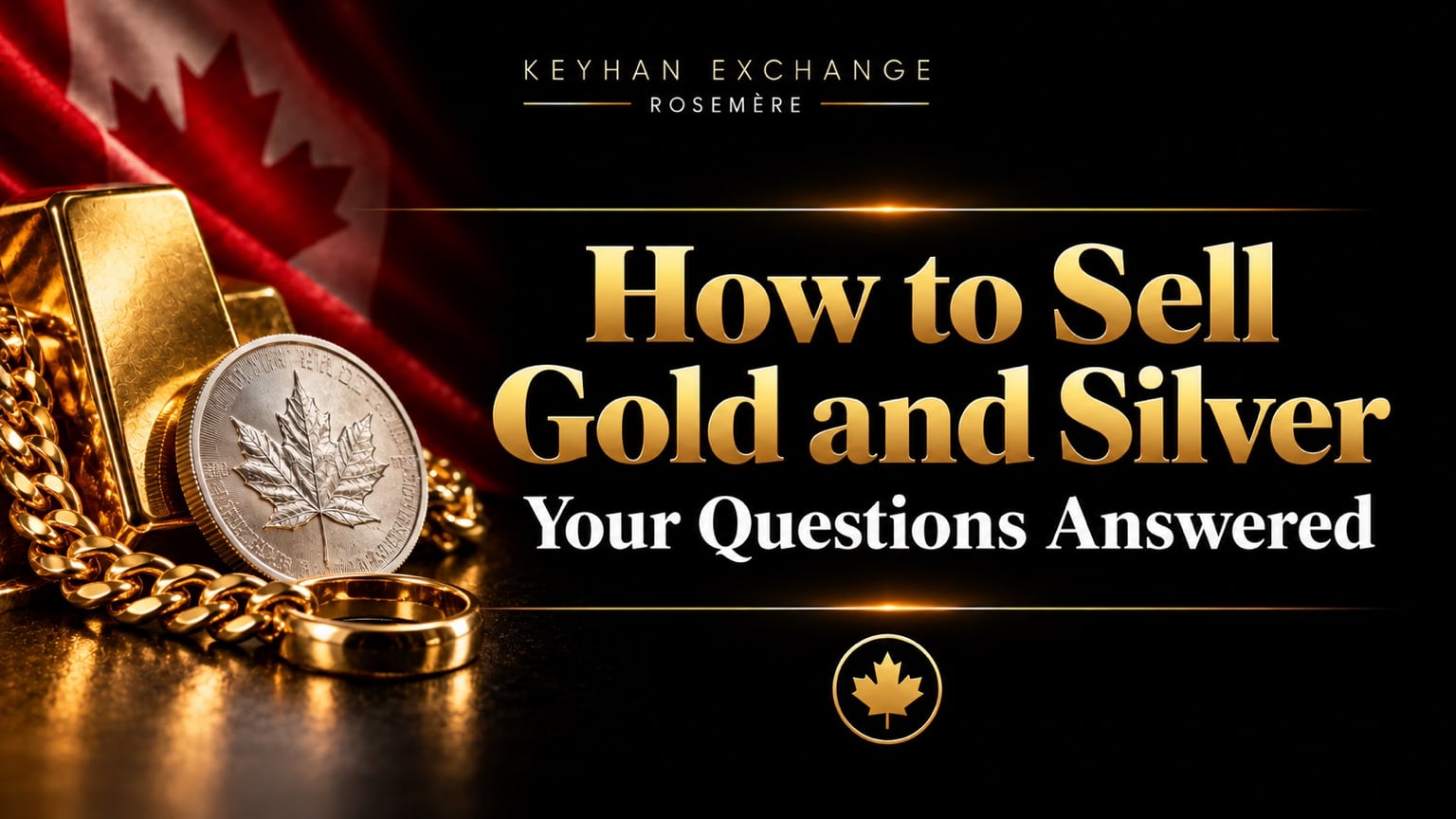 How to Sell Gold and Silver — Keyhan Exchange Rosemère, gold jewellery and bullion with a silver maple leaf coin.