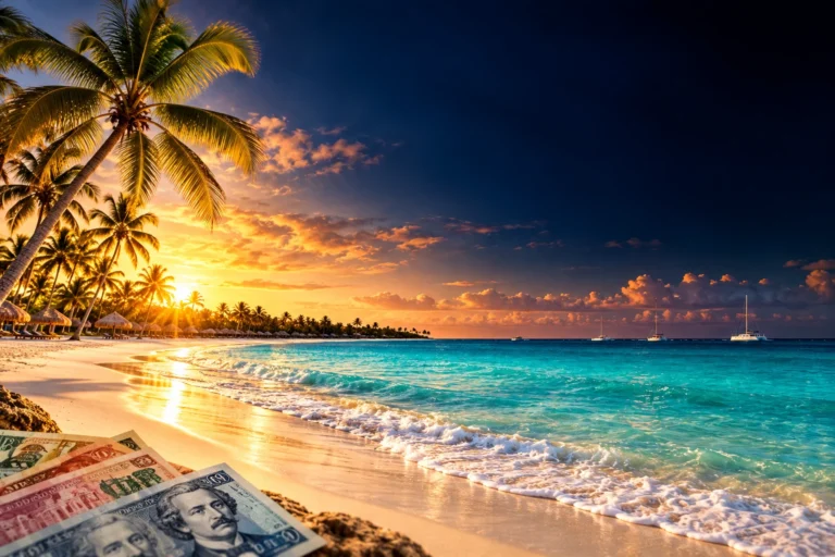 Illustration d’une plage dominicaine et de billets en pesos