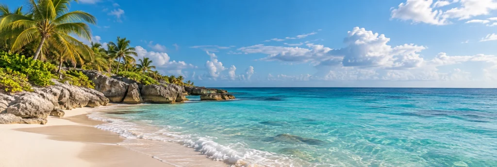 Illustration de la mer turquoise et des palmiers de la côte caraïbe mexicaine