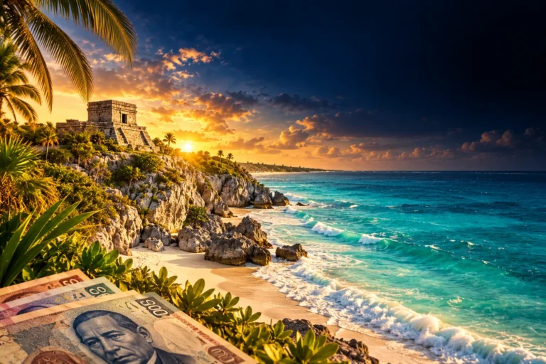Illustration du littoral mexicain et de billets en pesos