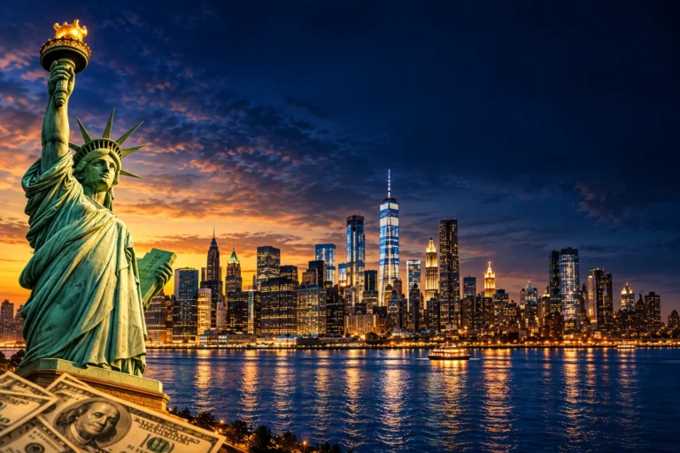 Illustration de New York, de la statue de la Liberté et de billets américains