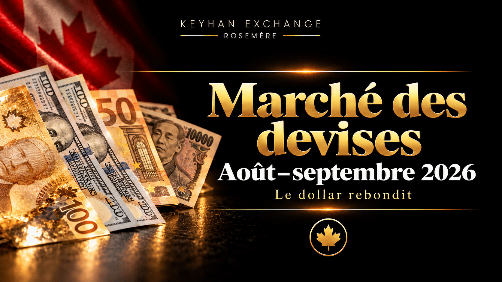 Marché des devises, août–septembre 2026 : le dollar rebondit — Keyhan Exchange, Rosemère, avec des billets internationaux et un drapeau canadien